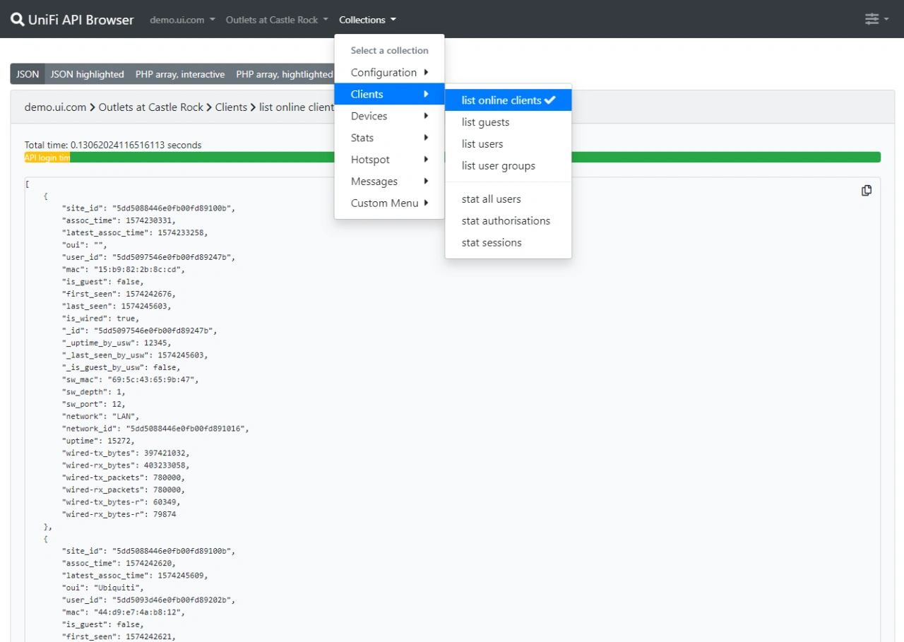 UniFi API browser tool, viewing online clients.