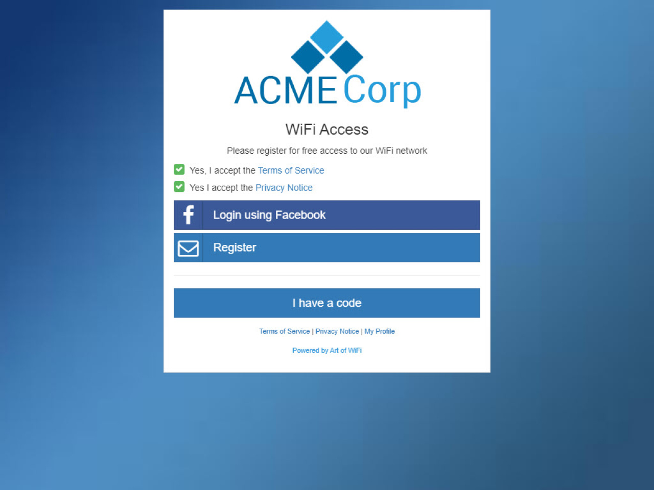 Captive portal splash page with Facebook login and registration form enabled.