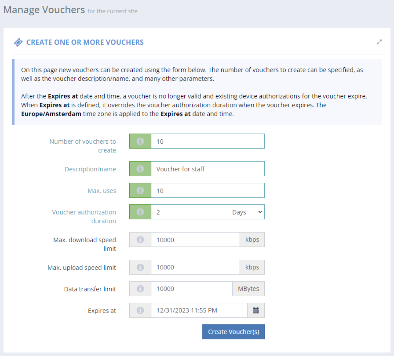 Form to create vouchers.