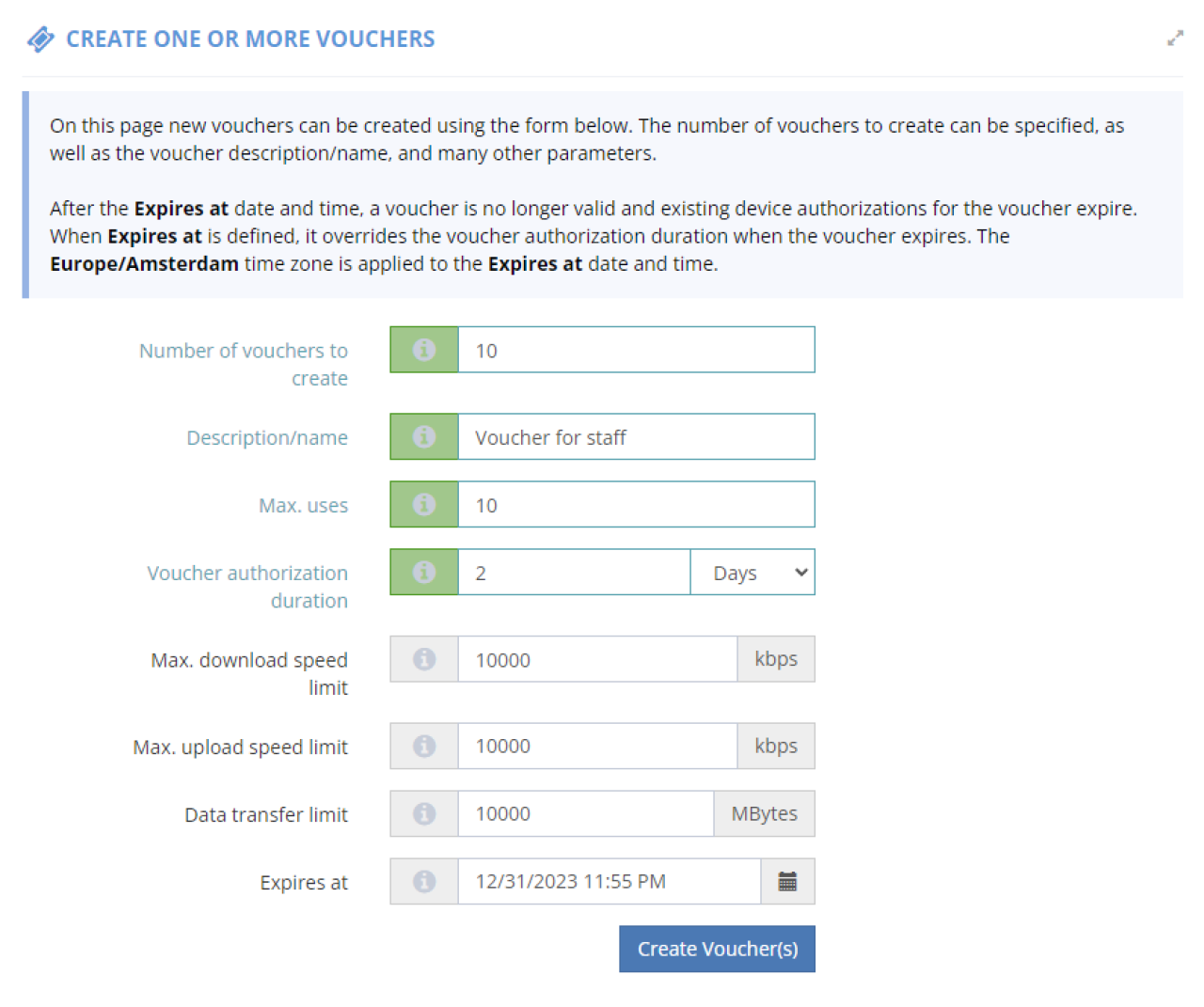 Create one or more vouchers.