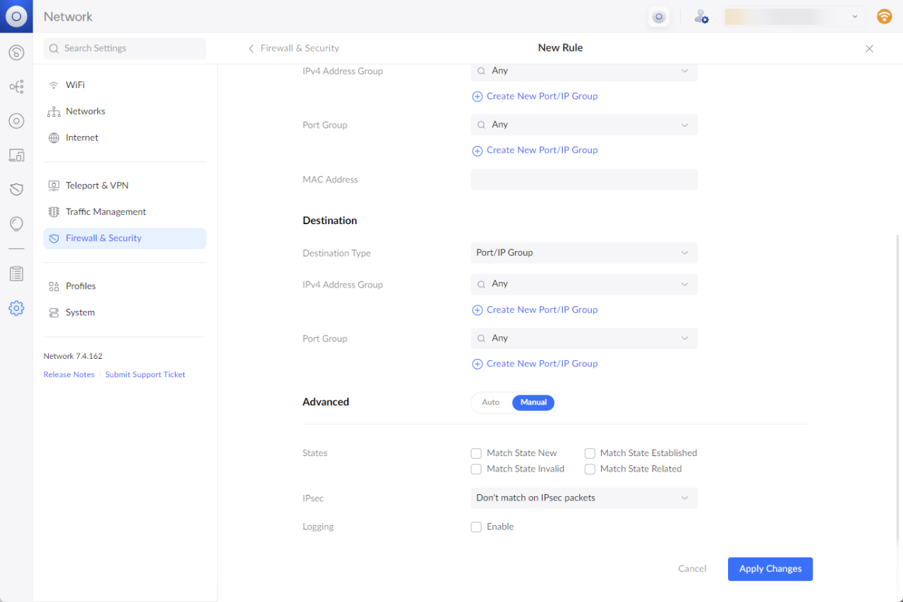 Configure the Destination and Advanced settings.