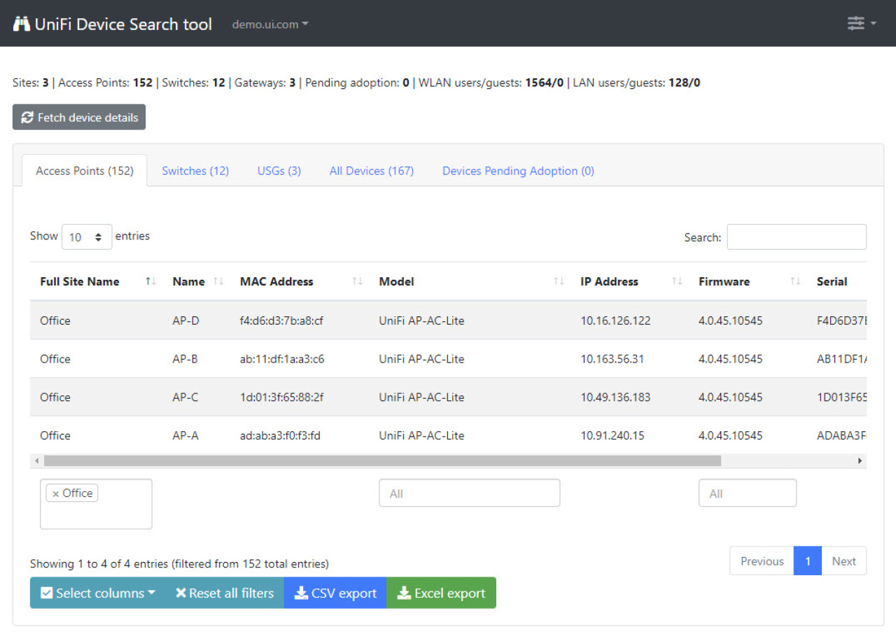 UniFi device search tool, filtered devices list.