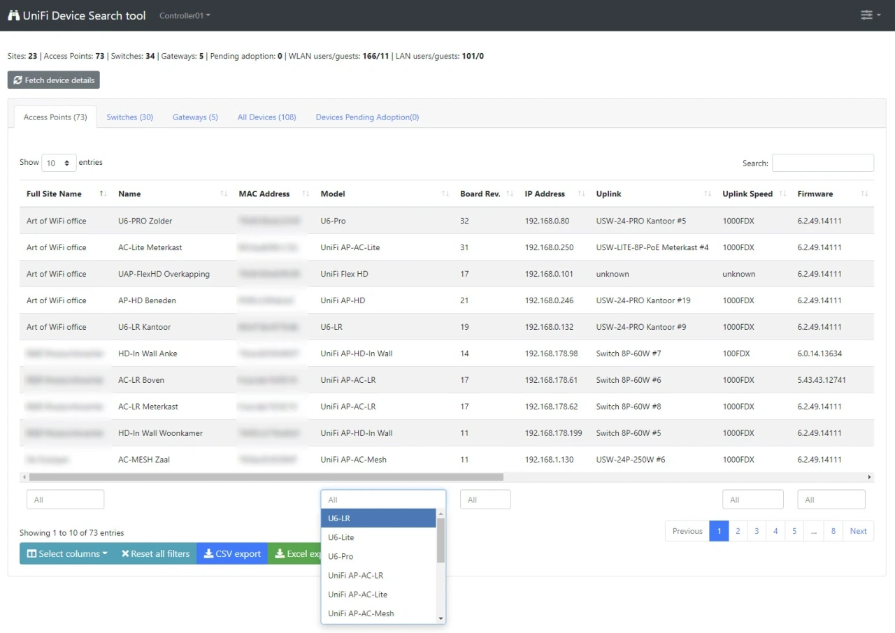 Unifi Devices report with device type filter.