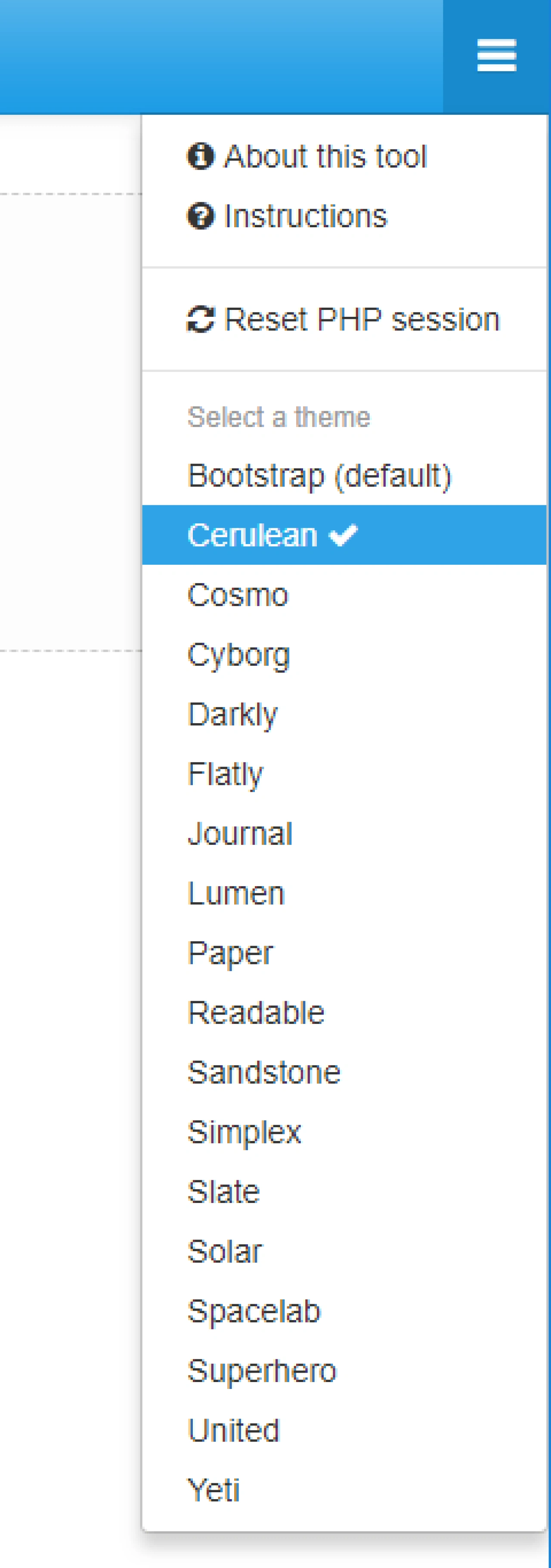 Tool dropdown menu, full length.