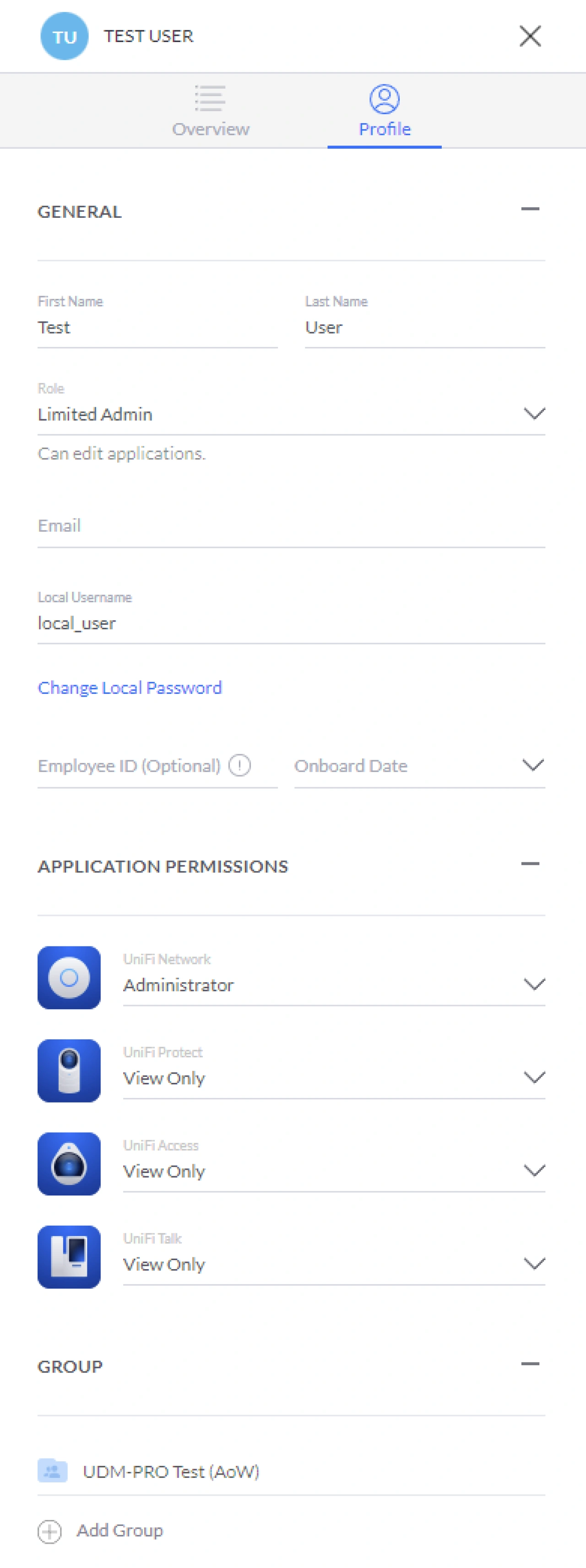 UniFi OS, local account example.