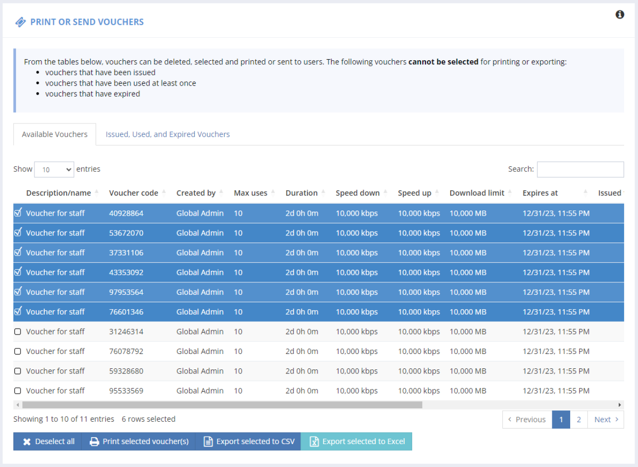 Print selected vouchers.