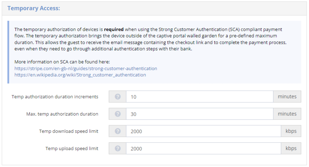 Recommended temporary access settings for the Art of WiFi captive portal.