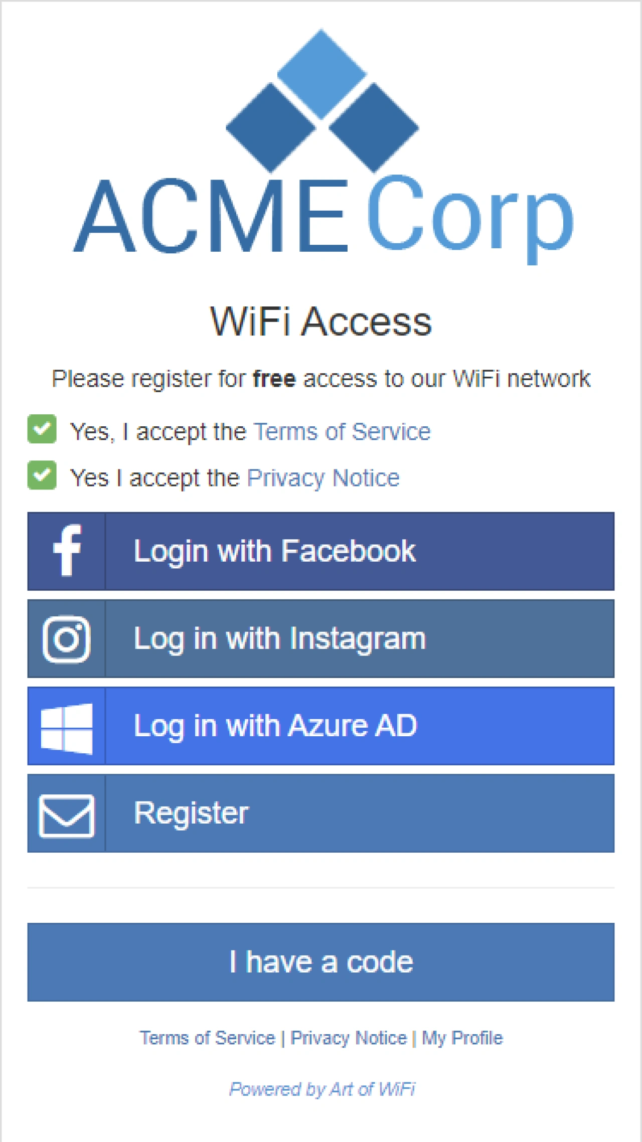 Captive portal screenshot with Facebook, Instagram, Azure AD and Registration form logins enabled.