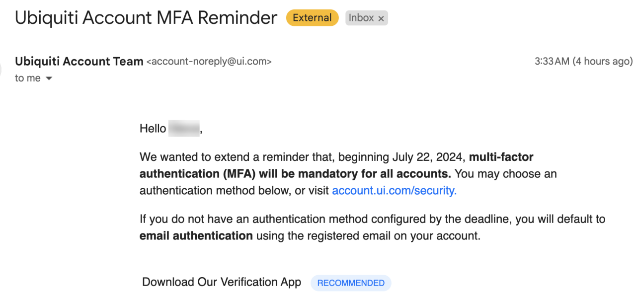 Ubiquiti email about MFA activation.