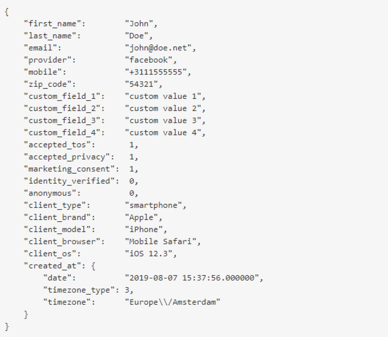 Example webhook message containing registration data from guest.