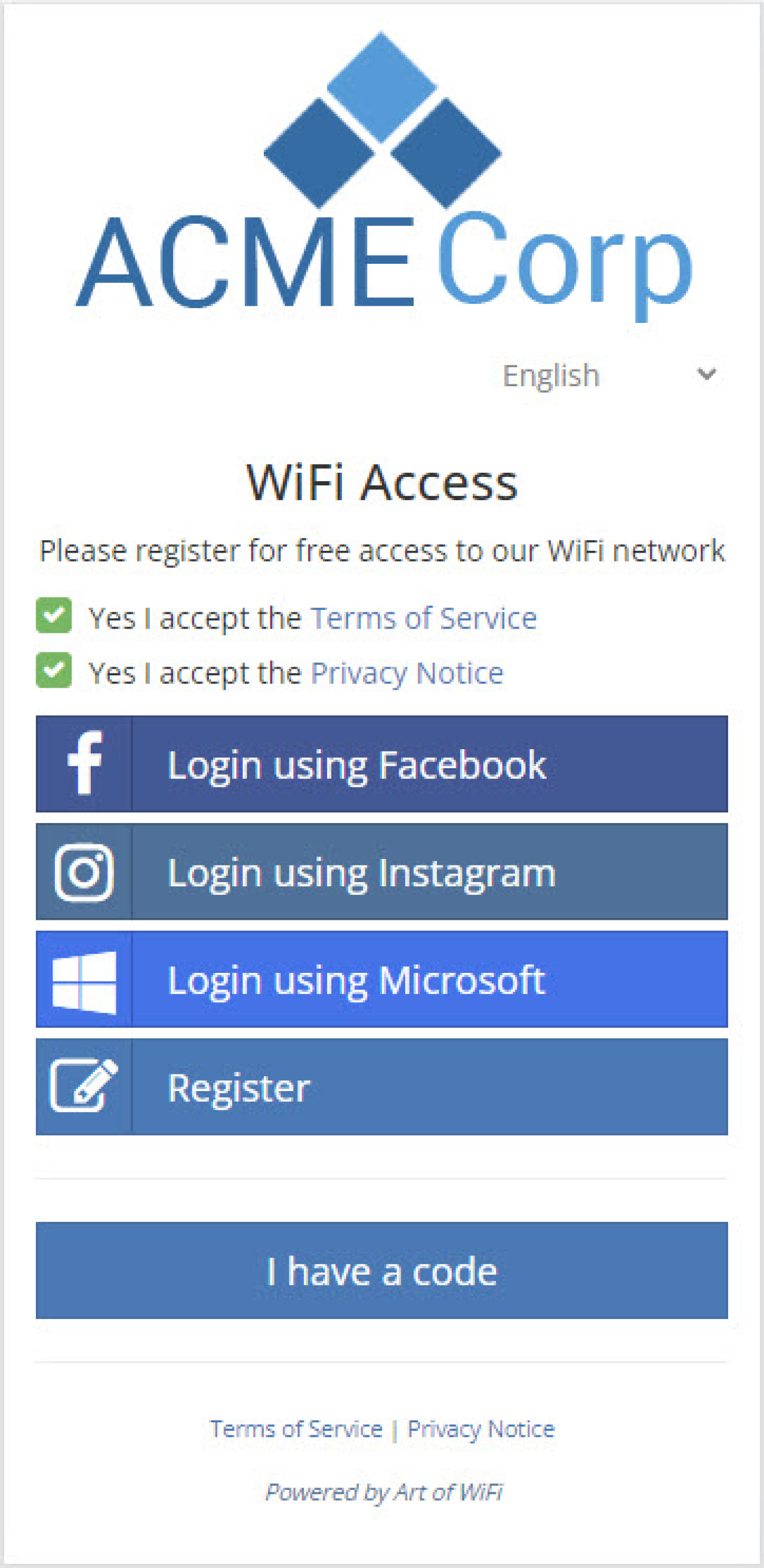 Captive portal splash page with many options enabled.